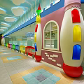 Colorful Kids Clothing Store Interior With Train Design Arched Windows And Bright Floor Tiles