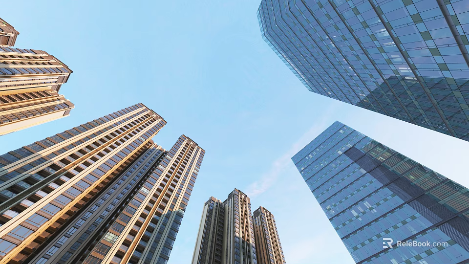 Modern High Rise Office Buildings With Glass Facades Under Blue Sky 3d model 