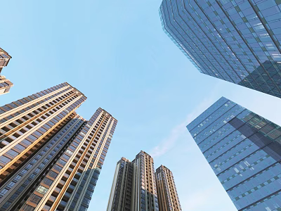 Modern High Rise Office Buildings With Glass Facades Under Blue Sky 3d model