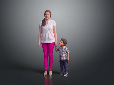 Animated Game Movie Characters Female White Top Pink Pants Boy Plaid Shirt Holding Hands 3d model
