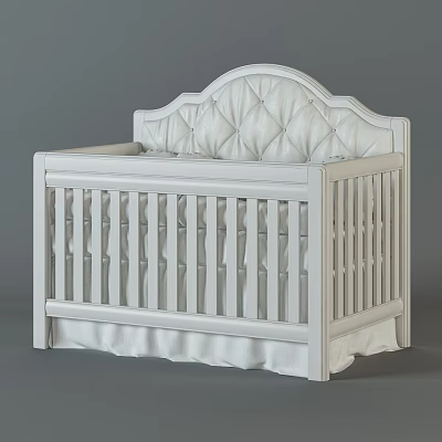 Elegant White Baby Crib Featuring Tufted Headboard And Bed Skirt Design 3d model