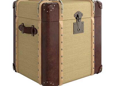 Vintage Trunk with Beige Canvas Body and Brown Leather Trim Metal Lock Rivets and Handle 3d model