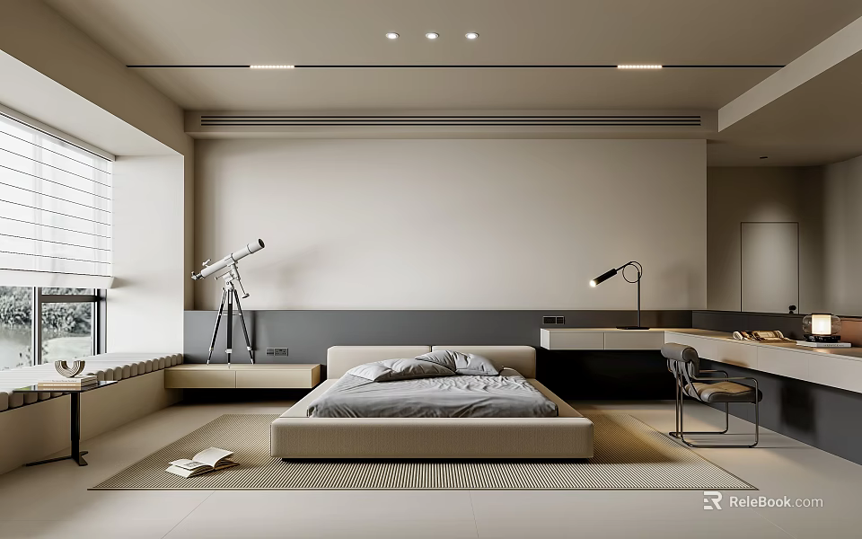 Modern Bedroom Interior With Platform Bed Recessed Lighting And Area Rug 3d model 
