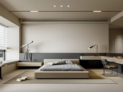Modern Bedroom Interior With Platform Bed Recessed Lighting And Area Rug 3d model