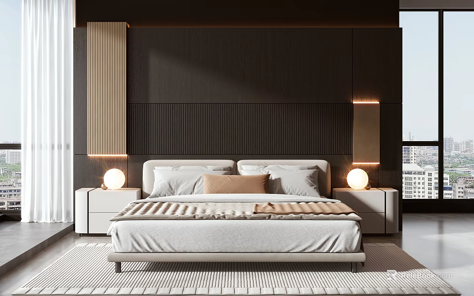 Modern Minimalist Bedroom Bed With Dark Backdrop Wall Light Bedding And Bedside Lamps 3d model 