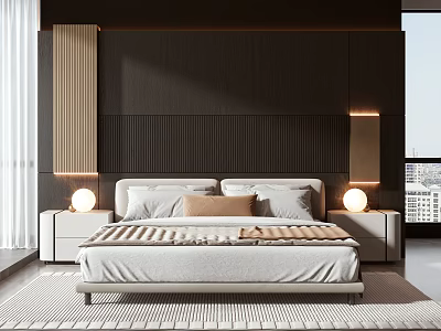 Modern Minimalist Bedroom Bed With Dark Backdrop Wall Light Bedding And Bedside Lamps 3d model