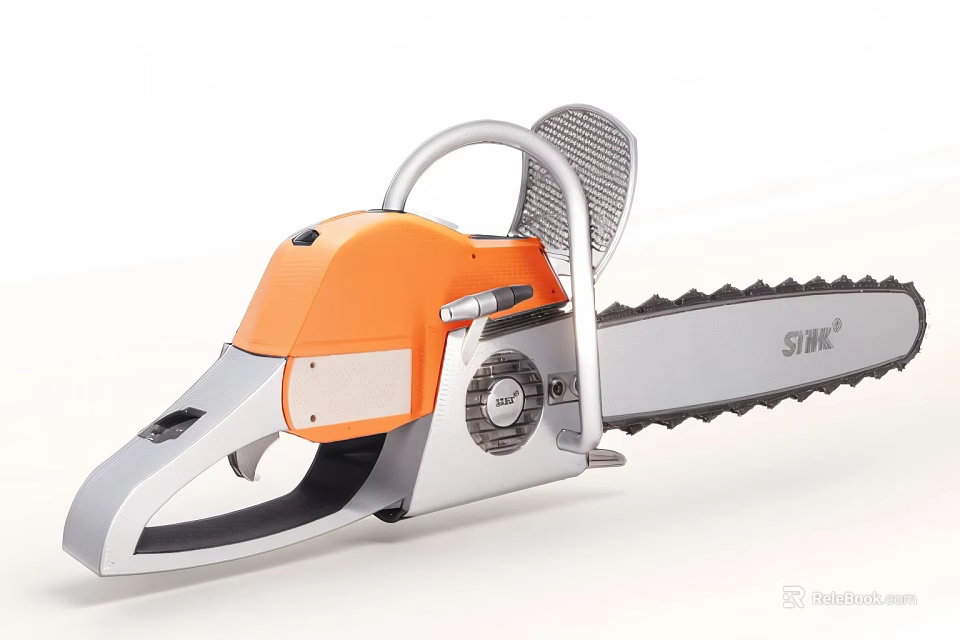 SIMO Chainsaw Weapon With Orange Silver Design And Sharp Cutting Chain 3d model