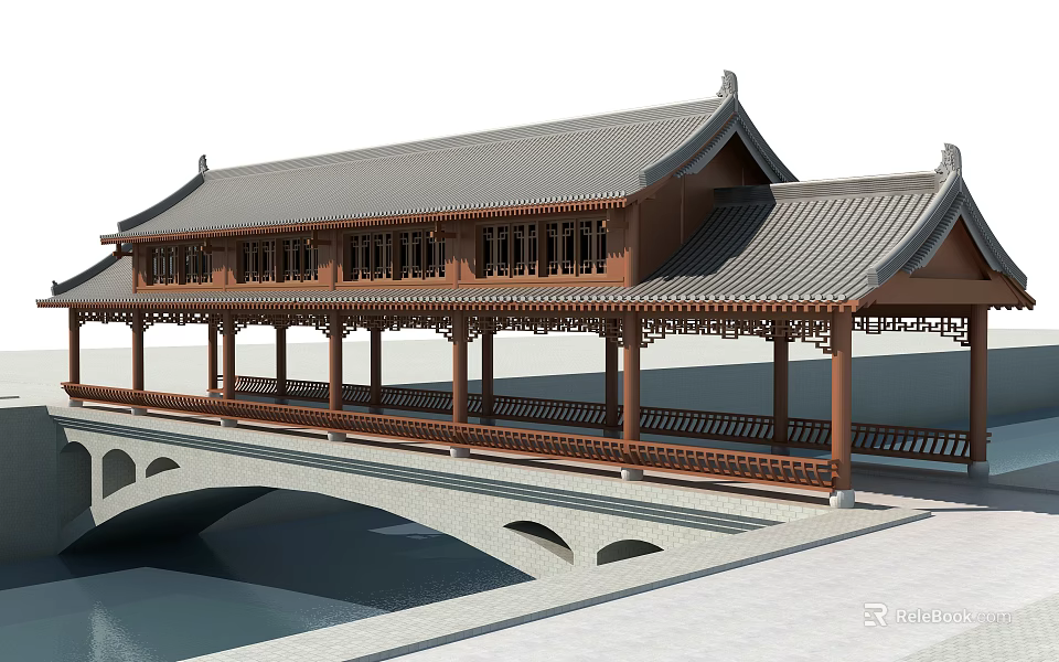 Traditional Chinese Covered Bridge With Wooden Structure Tile Roof And Arch Design Over Water 3d model 
