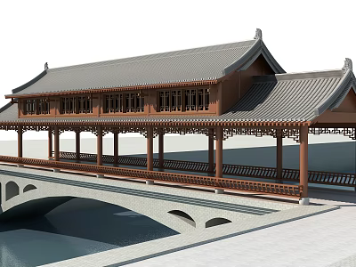 Traditional Chinese Covered Bridge With Wooden Structure Tile Roof And Arch Design Over Water 3d model