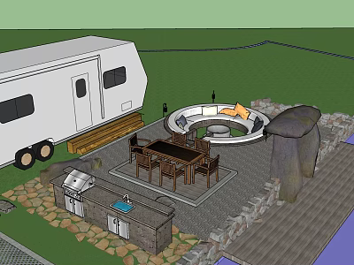 RV Camping Outdoor Setup With Circular Fire Pit Wooden Table Chairs And Stone Paved Area 3d model