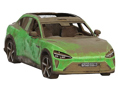 Green Muddy Car Exterior With Unique Front Headlights And Styling Details 3d model