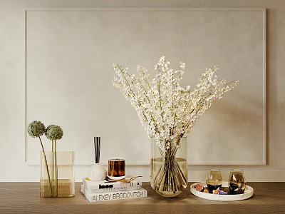 Clear Glass Vase With White Blossom Branches On Wooden Table With Books Candles And Decor 3d model
