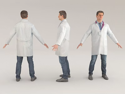 Man Wearing White Lab Coat Shown From Three Different Angles On Gray Background 3d model