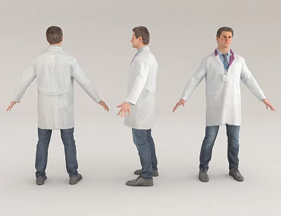 Man Wearing White Lab Coat Shown From Three Different Angles On Gray Background 3d model