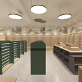 Modern Retail Store Interior With Wooden Display Tables Green Decor And Round Pendant Lights