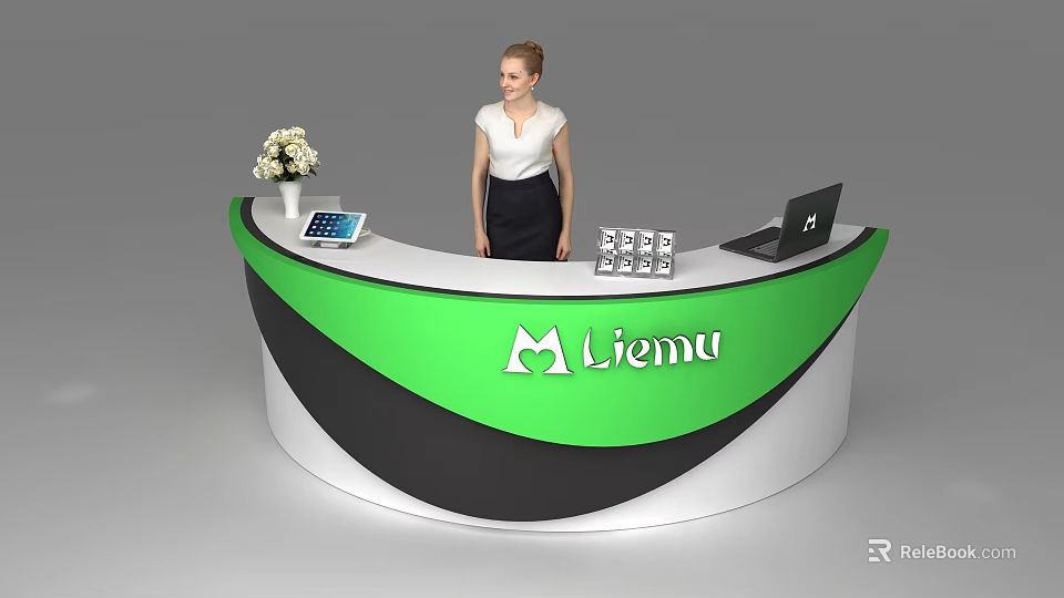 Curved Liemu Reception Desk With Green White Black Design Laptop Tablet Flower Bouquet And Boxes 3d model 