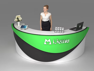 Curved Liemu Reception Desk With Green White Black Design Laptop Tablet Flower Bouquet And Boxes 3d model