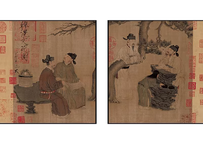 Traditional Chinese Figure Paintings Showing Ancient Figures In Classical Setting With Red Seals 3d model