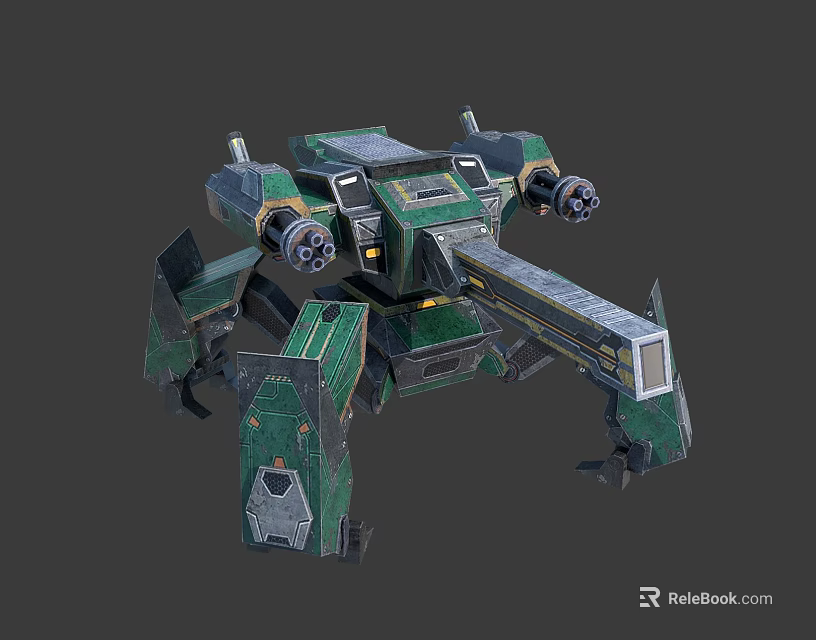 Green And Gray Mechanical Creature With Multiple Limbs And Weapon Components 3d model