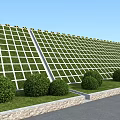 Green Grid Wall Structure With Bushes Grass And Pathway In Outdoor Area