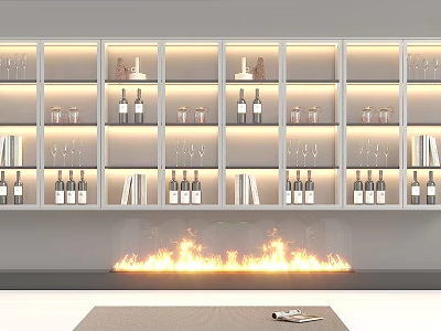 Modern Wine Cabinet With Glass Doors Wine Bottles Glasses And Fireplace 3d model