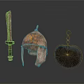 Ancient Rusted Weapons With Bronze Sword Iron Helmet And Shield