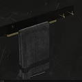 Modern Black Bathroom Shelf With Gold Hooks And Gray Towel On Marble Wall