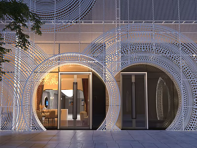 Modern Artistic Storefront Design With Perforated Circular Patterns Illuminated Glass Doors And Warm Lighting 3d model