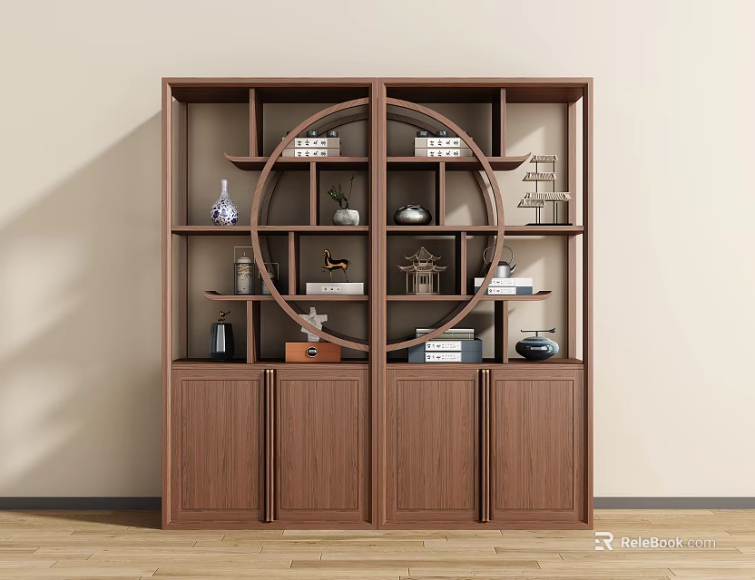 Wooden Chinese Display Cabinet With Multiple Shelves Round Central Design And Decorative Ornaments 3d model 