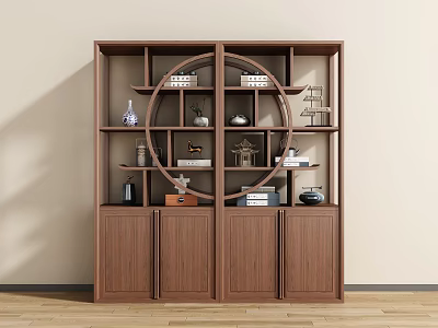 Wooden Chinese Display Cabinet With Multiple Shelves Round Central Design And Decorative Ornaments 3d model