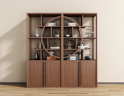 Wooden Chinese Display Cabinet With Multiple Shelves Round Central Design And Decorative Ornaments 3d model