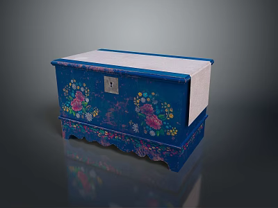 Blue Decorative Painted Box With Floral Patterns Lock White Lid And Decorative Feet 3d model
