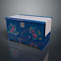 Blue Decorative Painted Box With Floral Patterns Lock White Lid And Decorative Feet