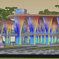Modern Colorful Pergola Structure With Multicolored Columns And Surrounding Trees 3d model