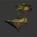 Cartoon Scene of Floating Island with Yellow Tree Brown Trunk and Blue Water Flow