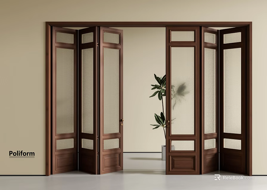 Modern Wooden Folding Doors With Glass Panels And Grid Design In Interior Space 3d model 