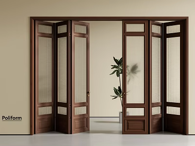Modern Wooden Folding Doors With Glass Panels And Grid Design In Interior Space 3d model