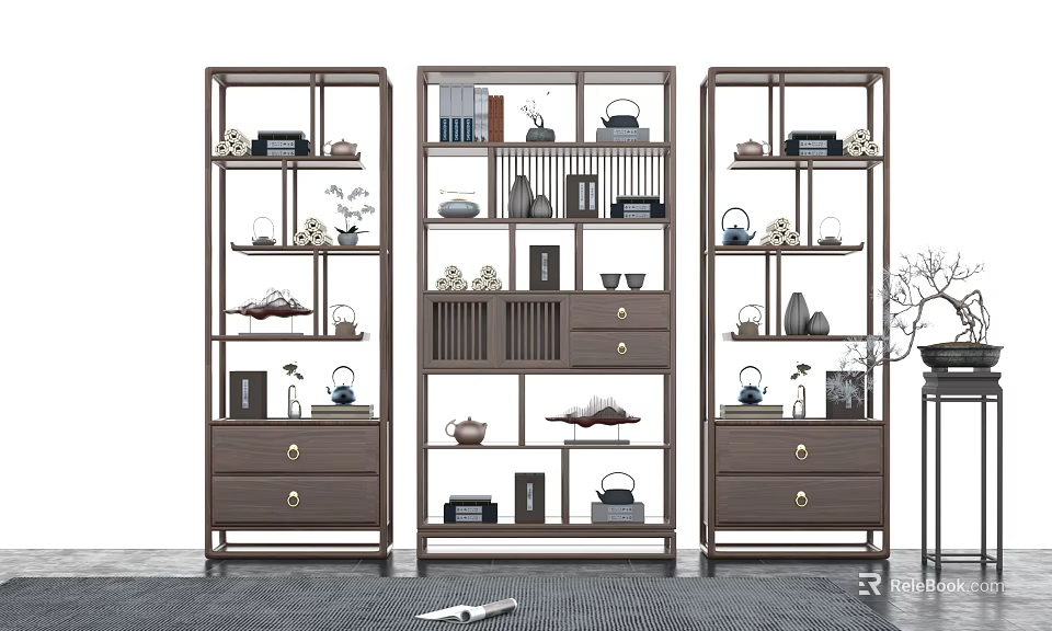 Elegant Living Room Interior With Ornamental Shelves Drawers Decorative Items Tea Sets And Books 3d model 