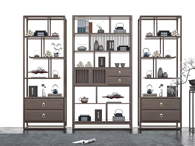 Elegant Living Room Interior With Ornamental Shelves Drawers Decorative Items Tea Sets And Books 3d model