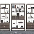Elegant Living Room Interior With Ornamental Shelves Drawers Decorative Items Tea Sets And Books