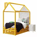 Blue House Shaped Kids Bed With Upholstered Headboard Colorful Pillows Yellow Blanket And White Nightstand