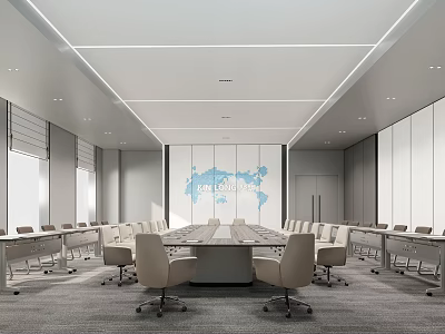 Modern Conference Room Interior With Long Table Ergonomic Chairs And World Map 3d model
