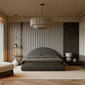 Modern Bedroom Interior With Gray Bed Striped Wall Pendant Light Window Blinds And Accent Chair