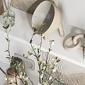 Modern Decorative Ornaments Set With Branches Jars Framed Art And Bowl Decor On White Shelf