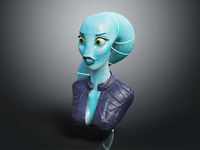 Vibrant Blue Character Bust With Large Eyes Curved Head Swirls And Purple Jacket 3d model