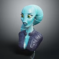 Vibrant Blue Character Bust With Large Eyes Curved Head Swirls And Purple Jacket