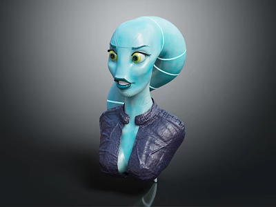 Vibrant Blue Character Bust With Large Eyes Curved Head Swirls And Purple Jacket 3d model