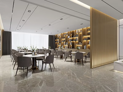 Elegant Hotel Public Lounge With Comfortable Tables Chairs And Illuminated Bookshelves 3d model