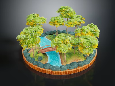 Cartoon Scene Circular Landscape With Green Trees Blue Stream Wooden Bridge And Stone Decorations 3d model
