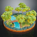 Cartoon Scene Circular Landscape With Green Trees Blue Stream Wooden Bridge And Stone Decorations